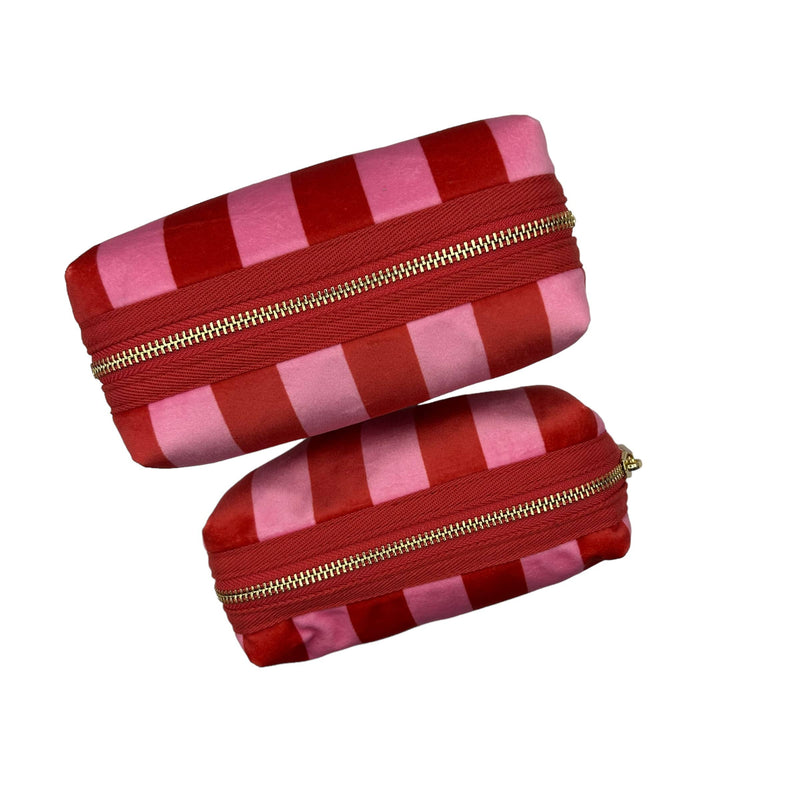 Bolsa de maquillaje de rayas rosas - terciopelo reciclado : Grande