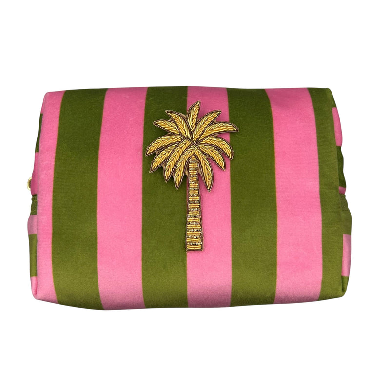 Neceser de maquillaje con rayas chartreuse y broche de palmera: Grande