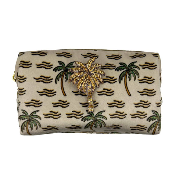 Bolsa de maquillaje con forma de palma de arena y alfiler de palmera, terciopelo reciclado