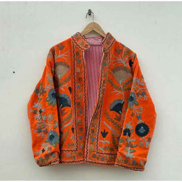 Chaqueta Suzani de terciopelo bordada a mano - Naranja