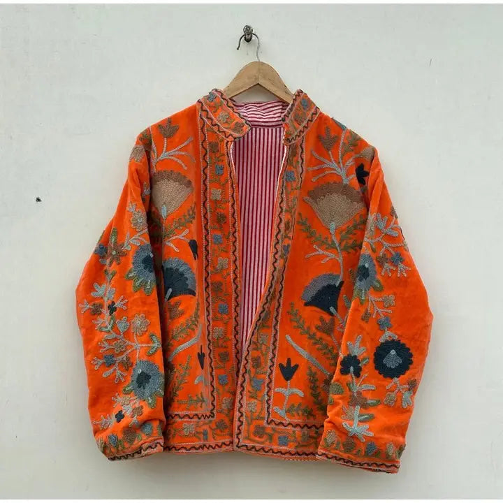 Chaqueta Suzani de terciopelo bordada a mano - Naranja