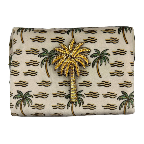 Bolsa de maquillaje con forma de palma de arena y alfiler de palmera, terciopelo reciclado