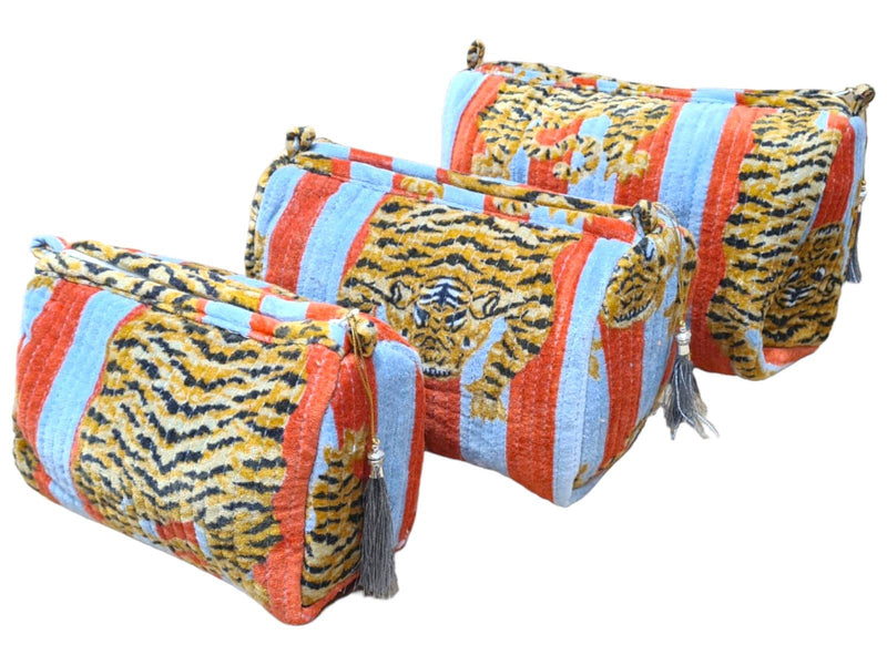 Set de viaje de 3 piezas de terciopelo de tigre tibetano: Azul y rojo