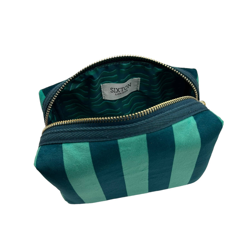 Bolsa de maquillaje y broche de guepardo con rayas en color verde azulado, reciclados  : Pequeño