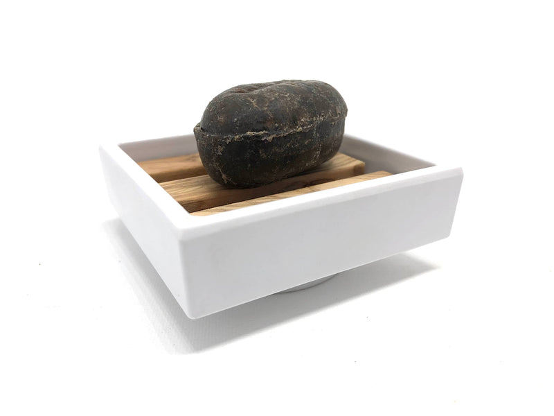 Jabonera blanca de 7,5 x 7,5 cm con incrustaciones de madera de olivo de melamina