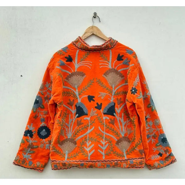 Chaqueta Suzani de terciopelo bordada a mano - Naranja