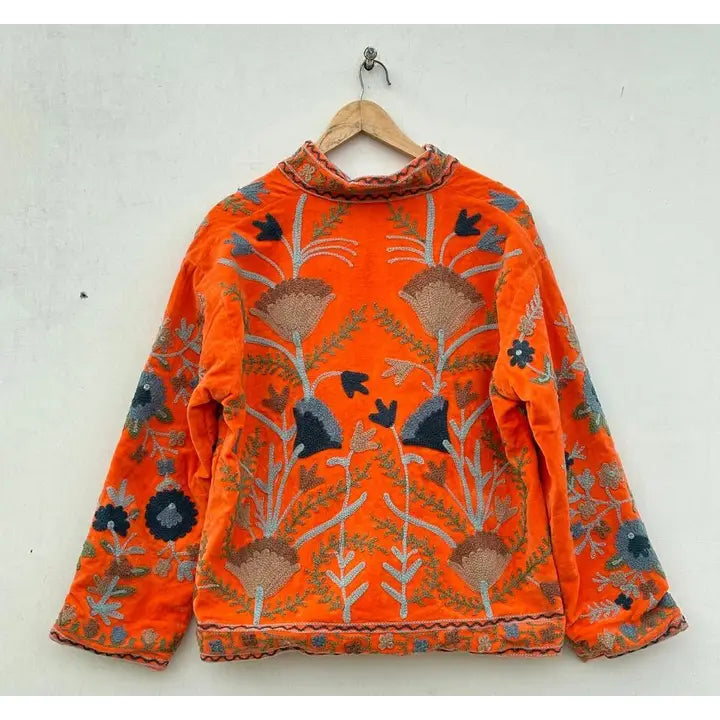 Chaqueta Suzani de terciopelo bordada a mano - Naranja