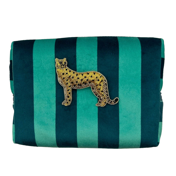 Bolsa de maquillaje y broche de guepardo con rayas en color verde azulado, reciclados  : Pequeño