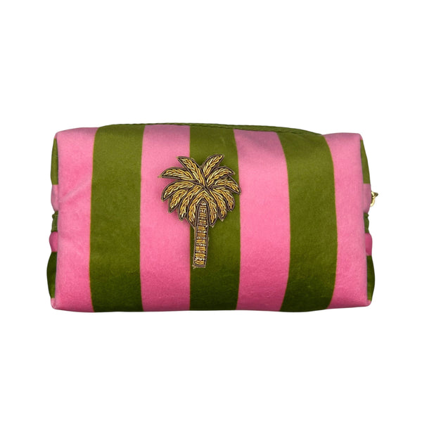 Neceser de maquillaje con rayas chartreuse y broche de palmera: Grande