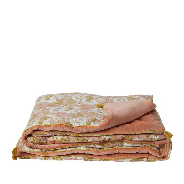 BONHEUR DU JOUR Plaid de Flores Estampadas y Terciopelo Vishnu Terracota