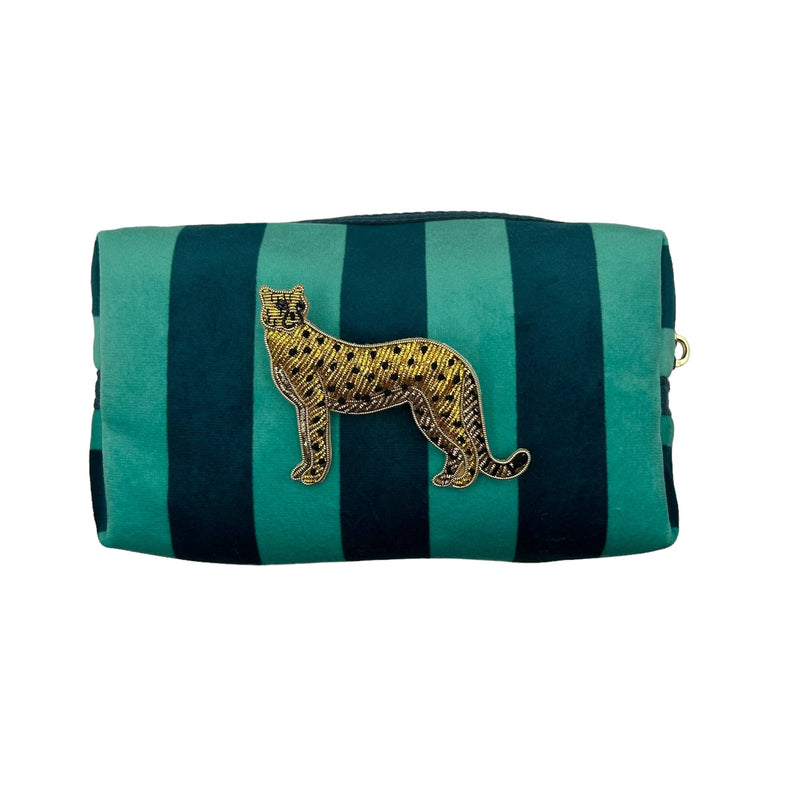 Bolsa de maquillaje y broche de guepardo con rayas en color verde azulado, reciclados  : Pequeño