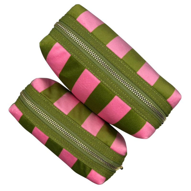 Neceser de maquillaje con rayas chartreuse y broche de palmera: Grande