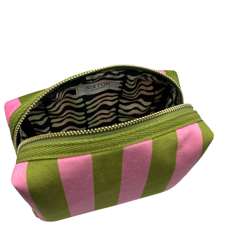 Neceser de maquillaje con rayas chartreuse y broche de palmera: Grande