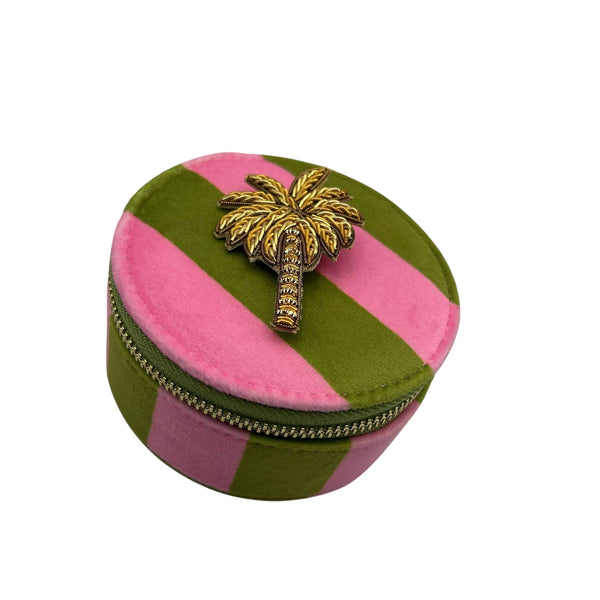 Joyero de viaje en rayas chartreuse - Broche de palmera