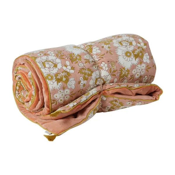 BONHEUR DU JOUR Plaid de Flores Estampadas y Terciopelo Vishnu Terracota