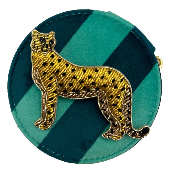 JOYERO de viaje para joyas en color verde azulado con broche de guepardo