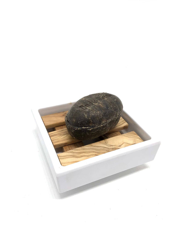 Jabonera blanca de 7,5 x 7,5 cm con incrustaciones de madera de olivo de melamina