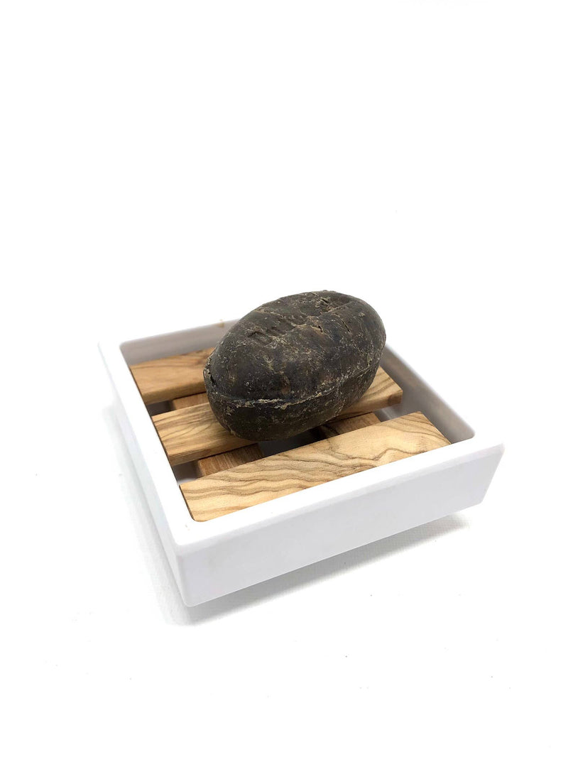 Jabonera blanca de 7,5 x 7,5 cm con incrustaciones de madera de olivo de melamina