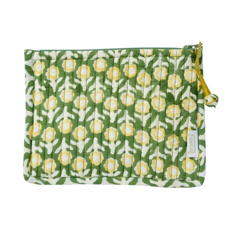 BONHEUR DE JOUR Bolsa pequeña acolchada con estampado de flores indias, color verde Isha