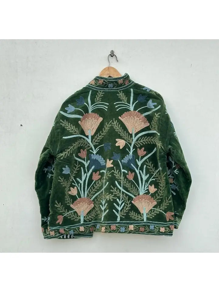 Chaqueta Suzani de terciopelo bordada a mano - Verde
