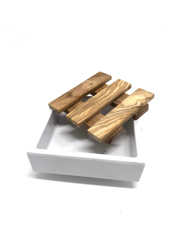 Jabonera blanca de 7,5 x 7,5 cm con incrustaciones de madera de olivo de melamina