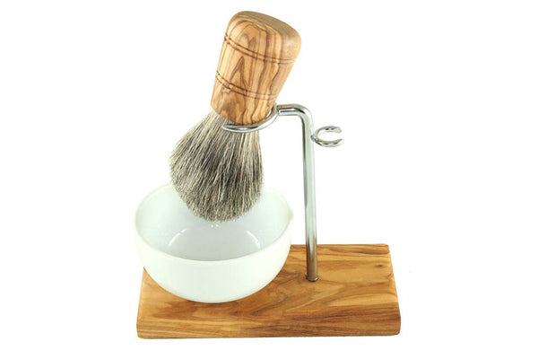 Juego de brochas de afeitar clásicas de 3 piezas de madera de olivo con porcelana