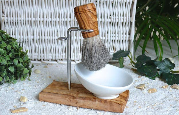 Juego de brochas de afeitar CLASSIC PLUS, 3 piezas, de madera de olivo con tejón